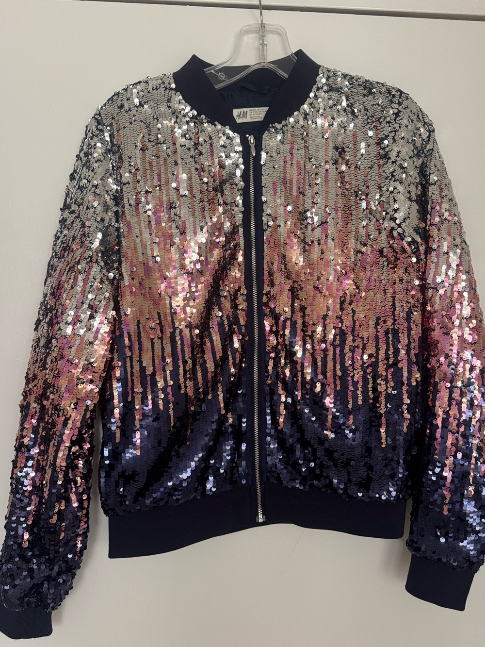 H&M Sequined Ombre Bomber Jacket in Navy, Pink & Silver size 13-14